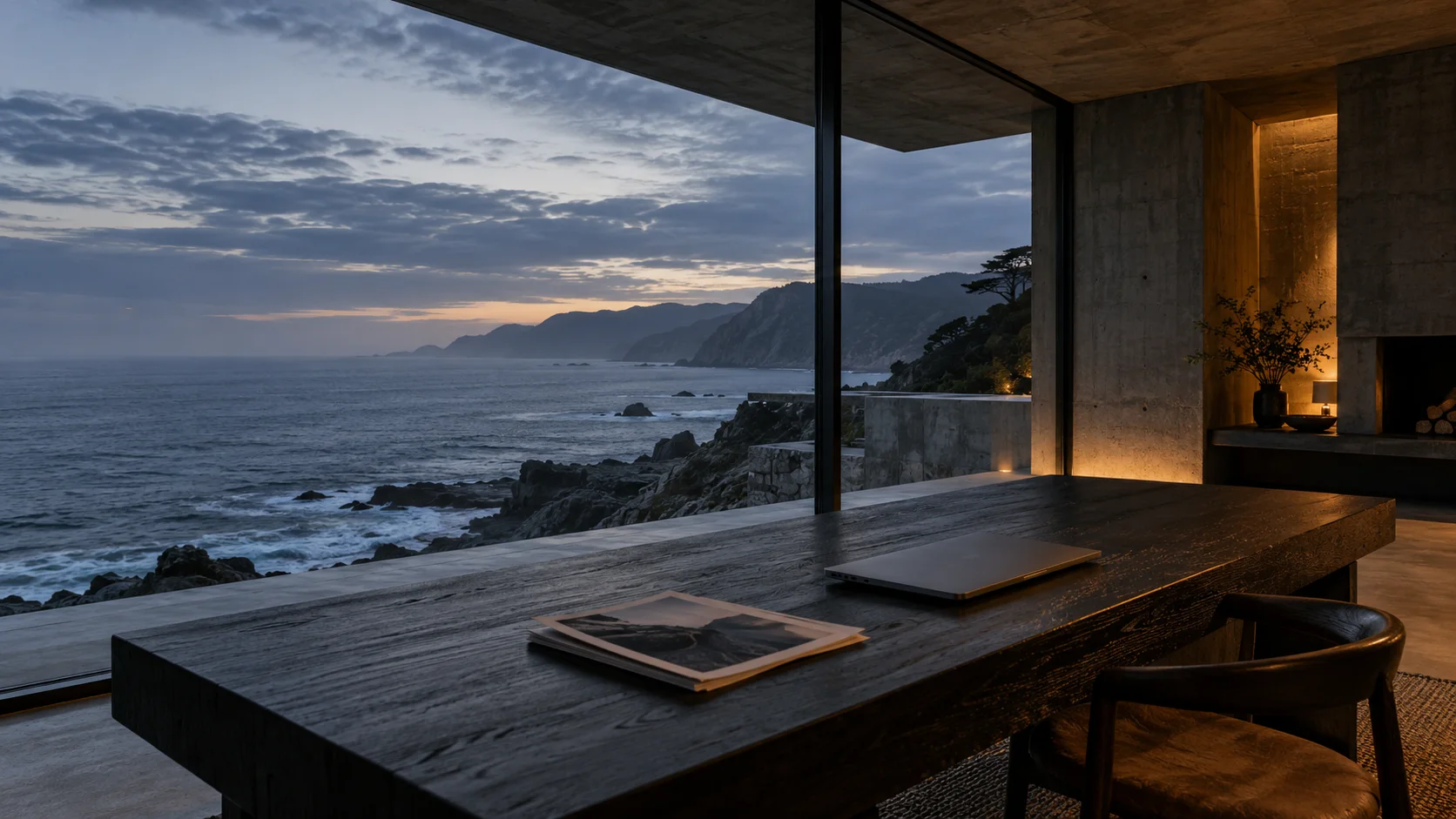 A quiet coastal studio looking out across the ocean at blue hour