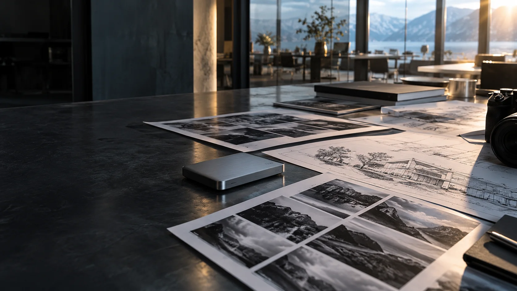 Photographic prints and architectural drawings on a creative studio worktable