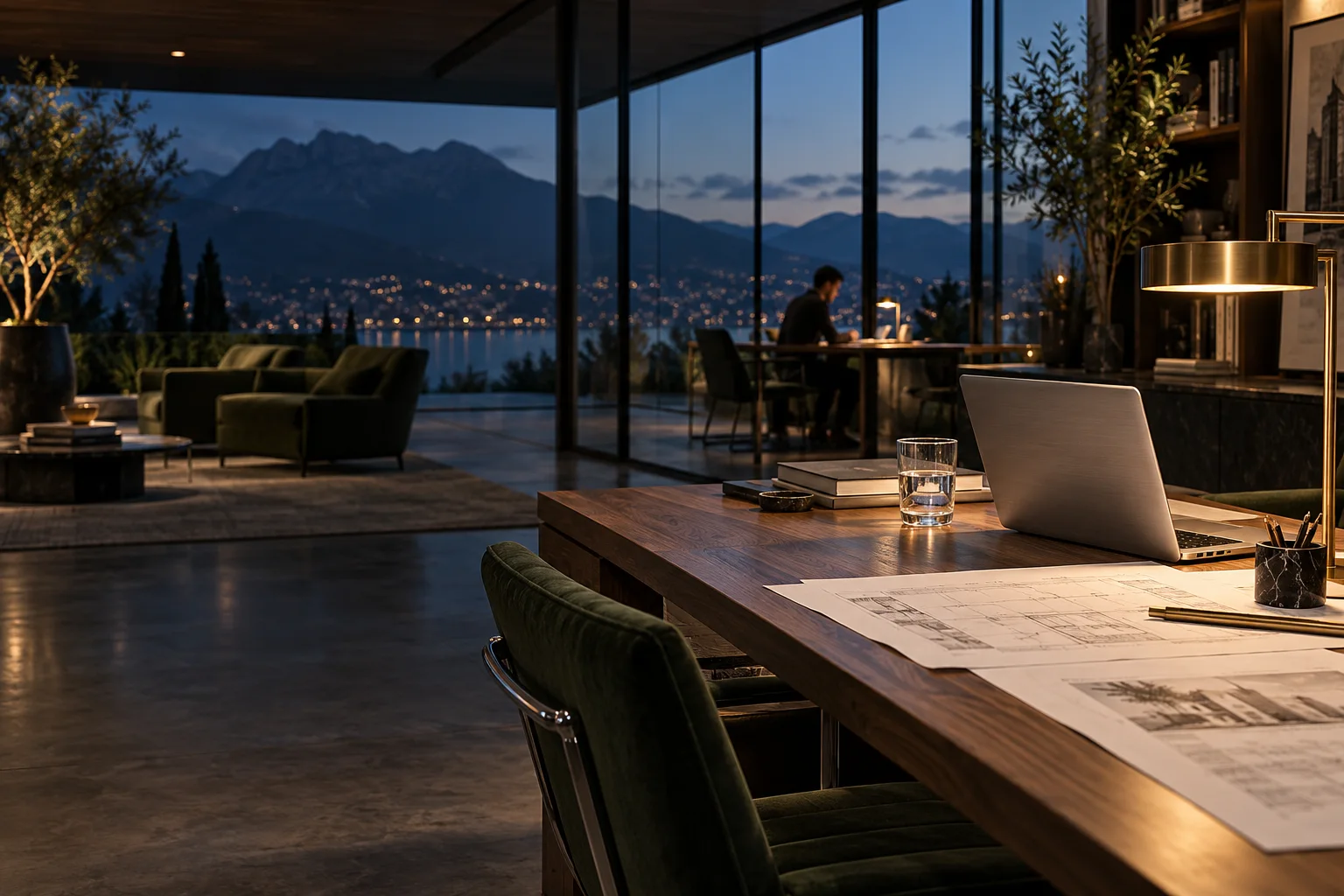 A creative workspace overlooking a mountain lake at dusk
