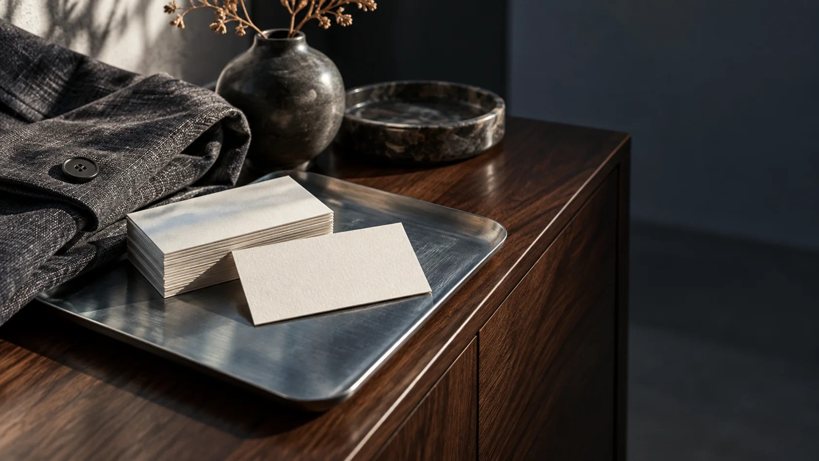 Thick paper cards on a brushed metal tray beside a folded linen jacket